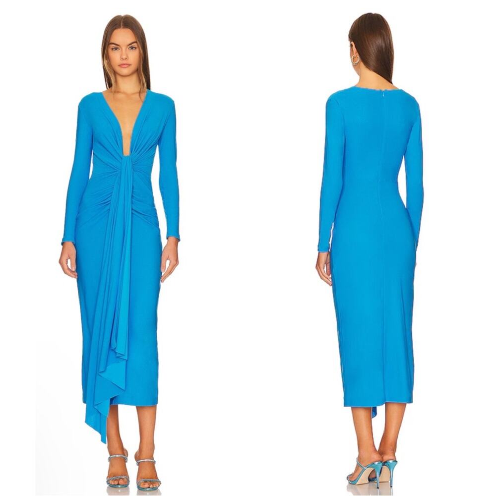 SOLACE LONDON Lorena Draped Deep V Neck Azure Blue Midi Dress Size 4